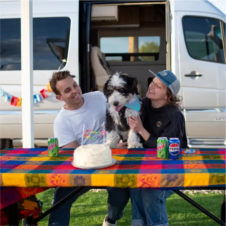 Dog celebrating birthday cake